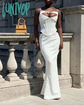 Lunivop White Evening Prom Dress Cut Out Wedding Party Dresses Sleeveless Long Formal Occasion